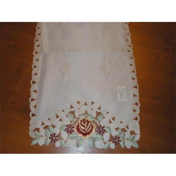 Tapestry Trading MH10109-1454 14 x 54 in. Embroidered Burgundy Rose And Lacy Cutwork Table Runner; Ivory MH10109/1454 - main